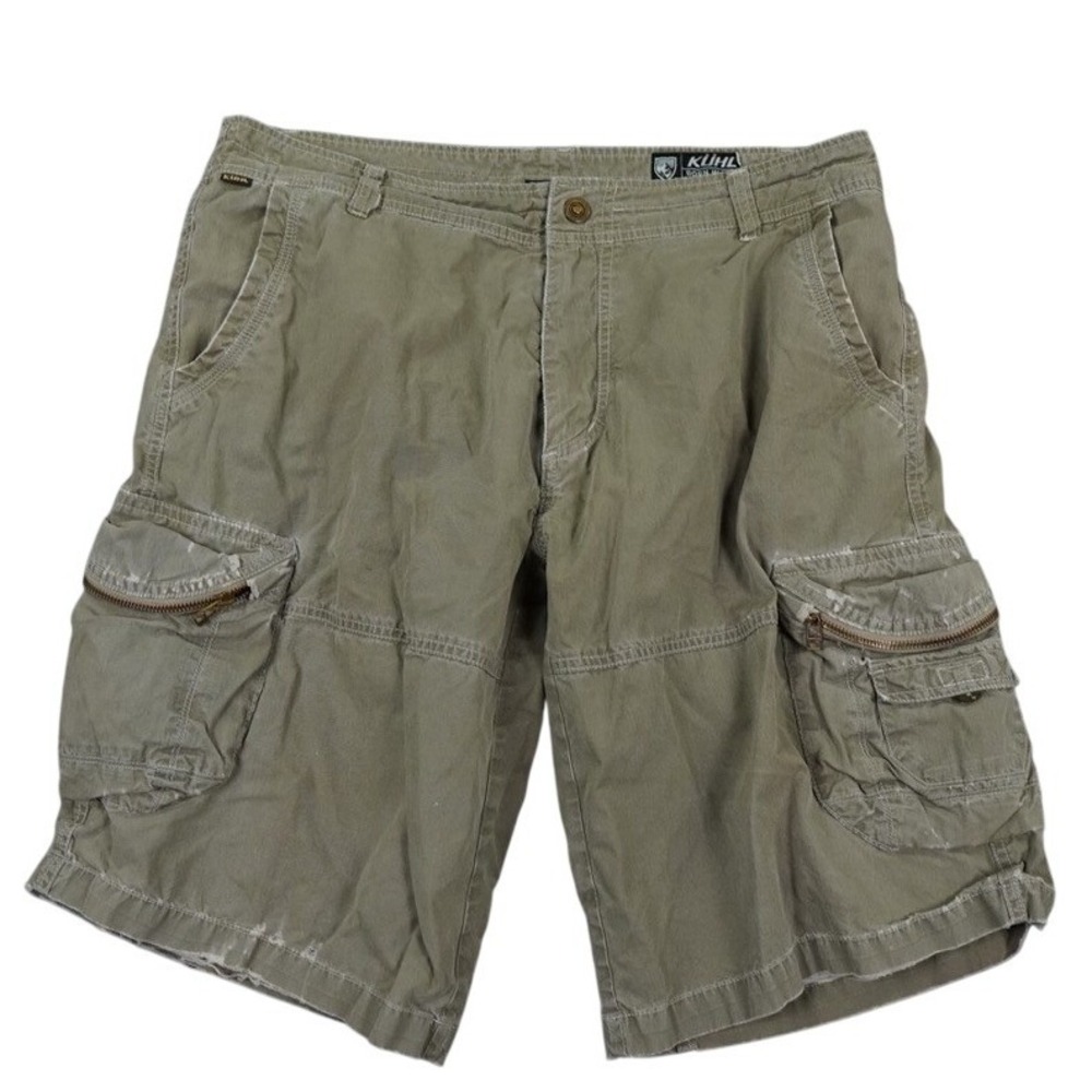 KUHL Cargo Shorts Mens 36 Khaki Green Zip Pocket Cotton Nylon Hiking‎ Gorpcore